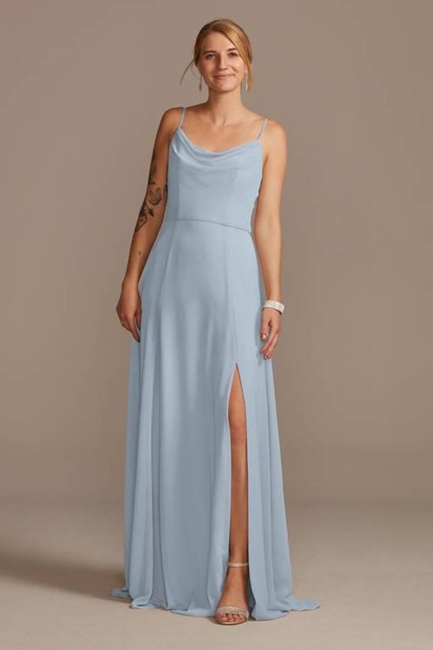 NWT Davids Bridal Dusty Blue Cowl Neck Chiffon Dress with Slit size 14 F20235